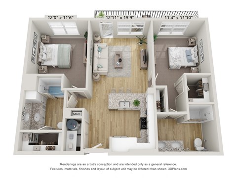 Floor plan for 2 beds, 2 baths, 995 sqft